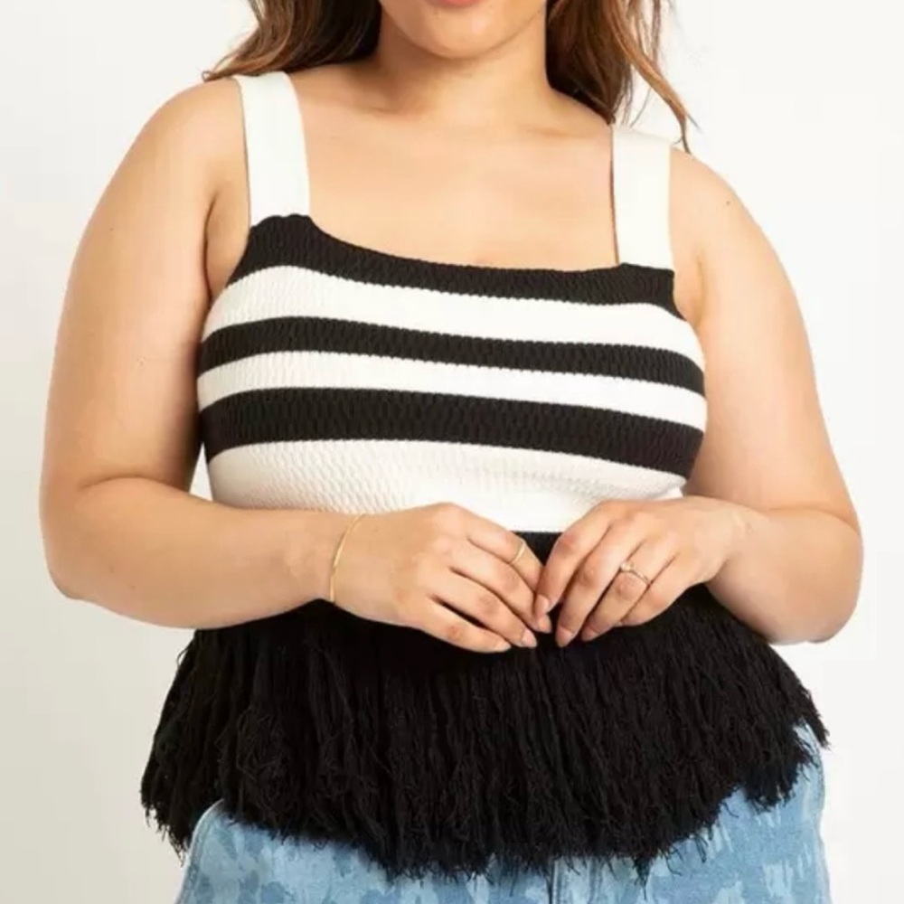B&W Striped Sweater Tank with Fringe